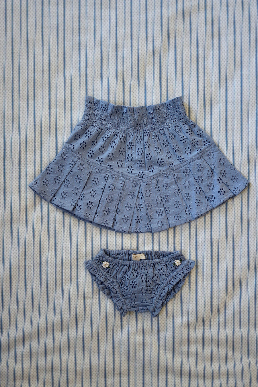 SET - PLEATED SKIRT + PANTY Blue broderie anglaise organic voile