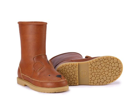 Leren boots voor kinderen met een beren oren op de punt van Donsje