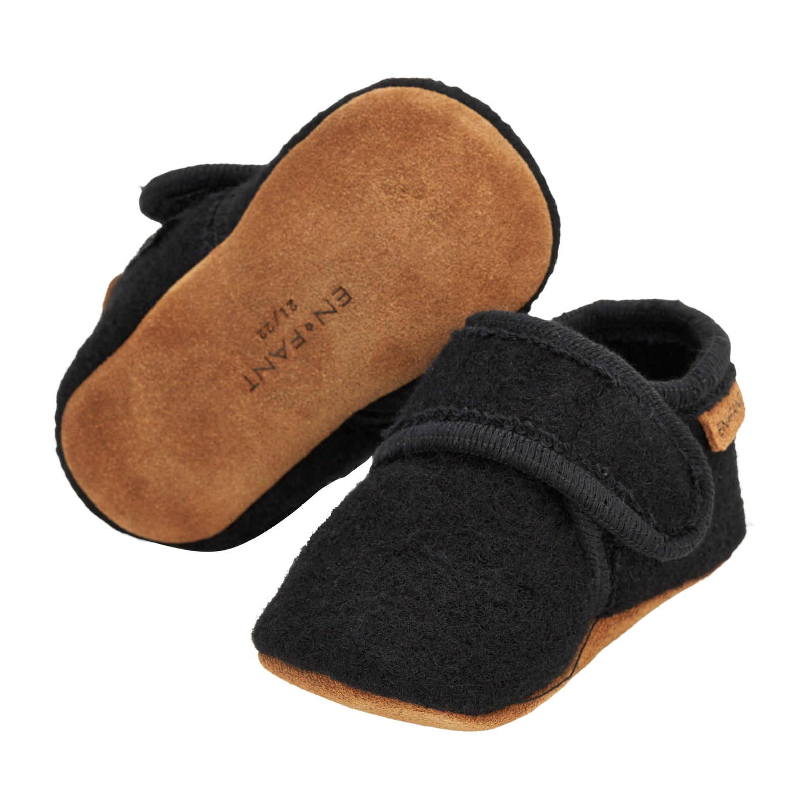 Babyslofjes wool Enfant in de kleur zwart met klittenband sluiting voor baby's.