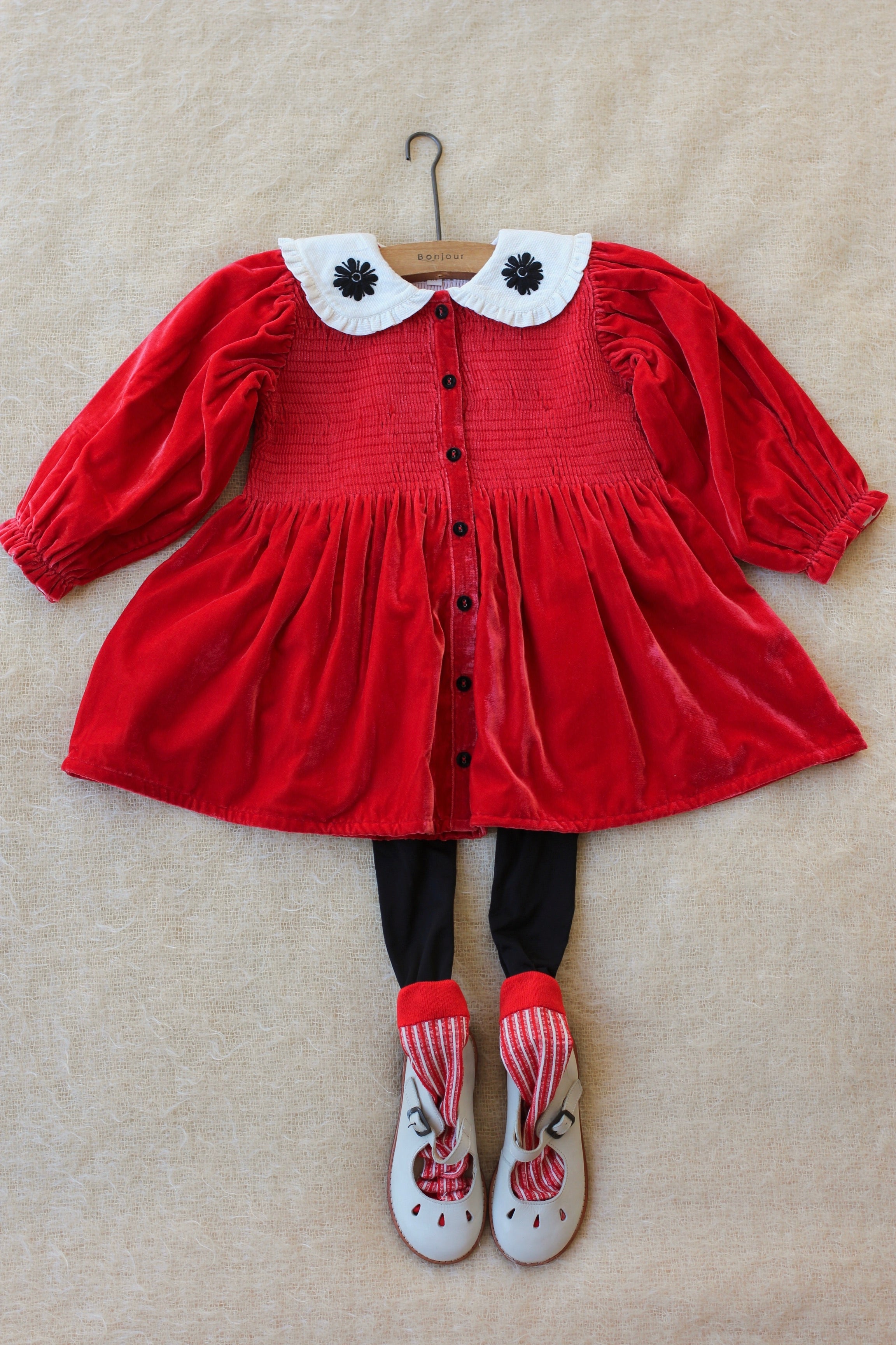 Bonjour Diary TUNIQUE Red velvet | Ecru pique fabric collar