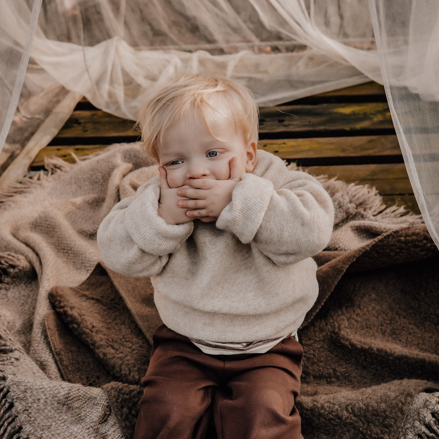 Wollen trui voor kinderen / babys in de kleur beige gemaakt van wol van het merk Alwero.