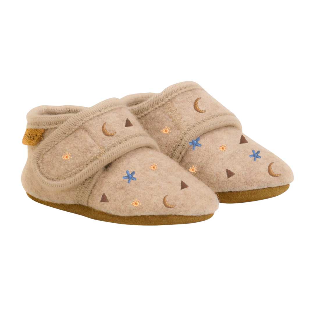 Enfant babyslofjes beige met borduursel witte achterkant