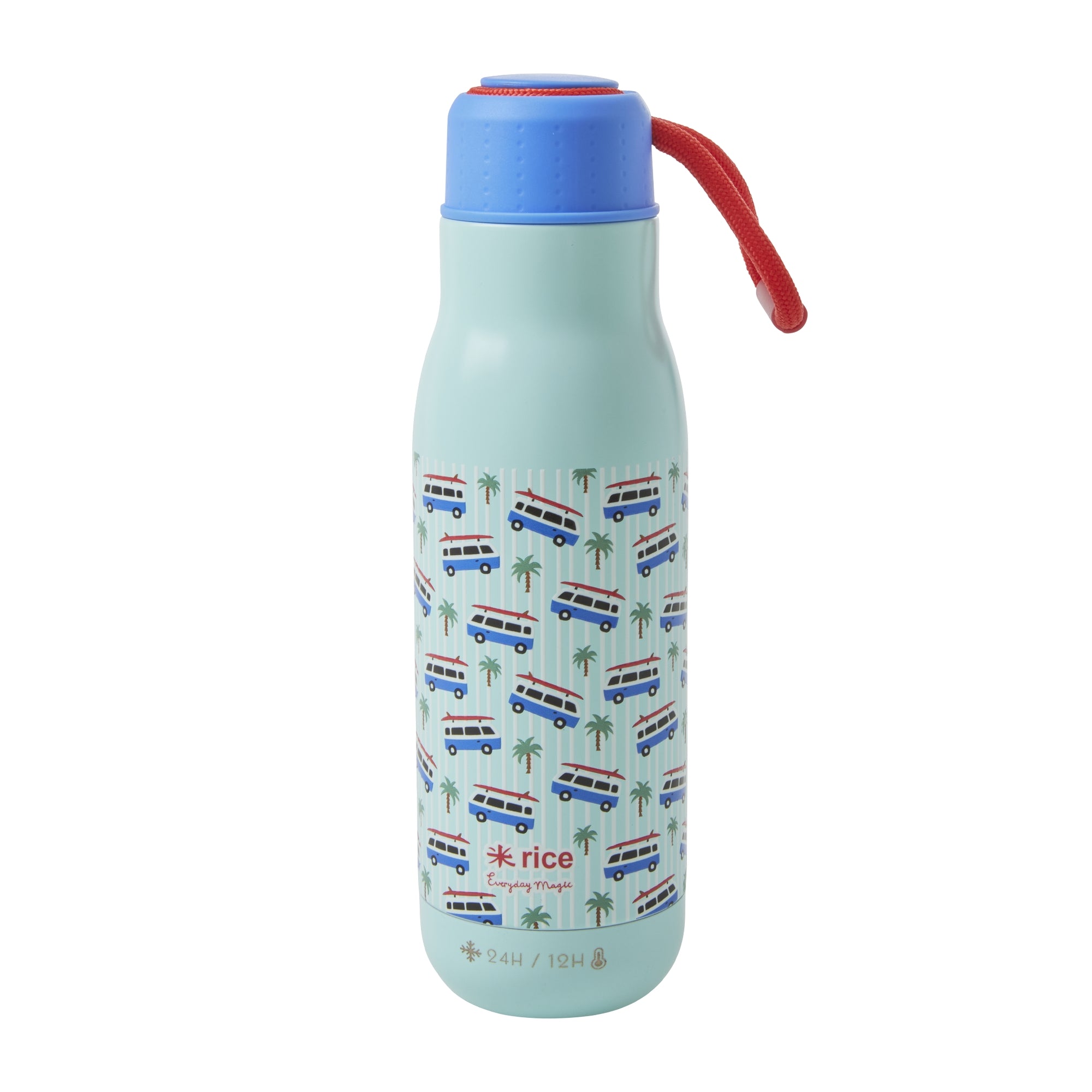 Blauwe drinkfles van roestvrijstaal materiaal met auto's er op voor kinderen