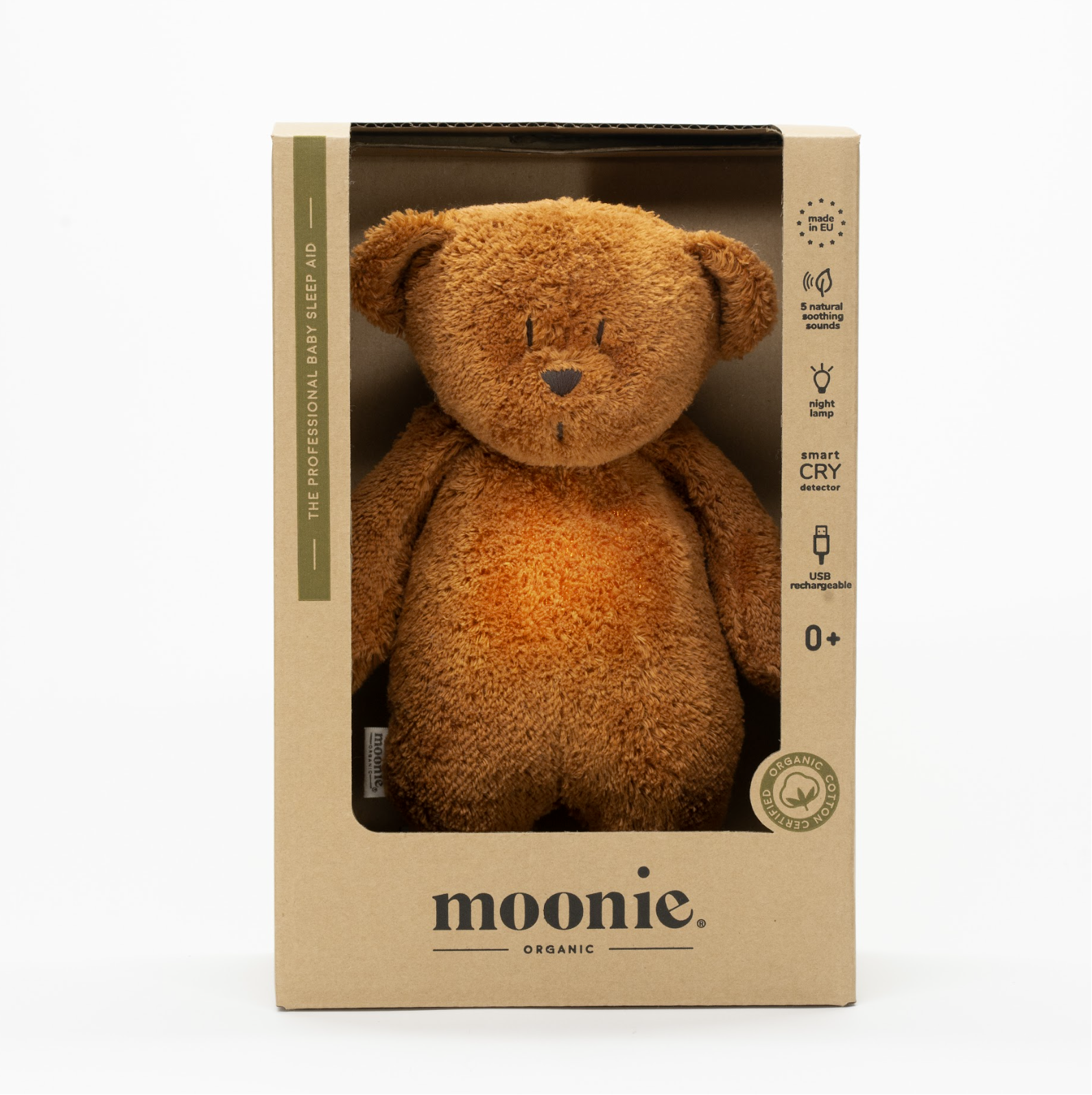 De slaapknuffel van Moonie in de vorm van een beer in de kleur Caramel voor baby's die rustgevende geluiden maakt die de slaap bevorderen in verpakking.