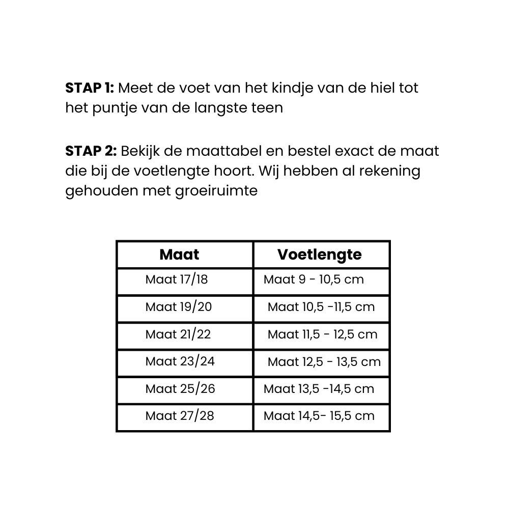 Maattabel Babyslofjes wool rosin