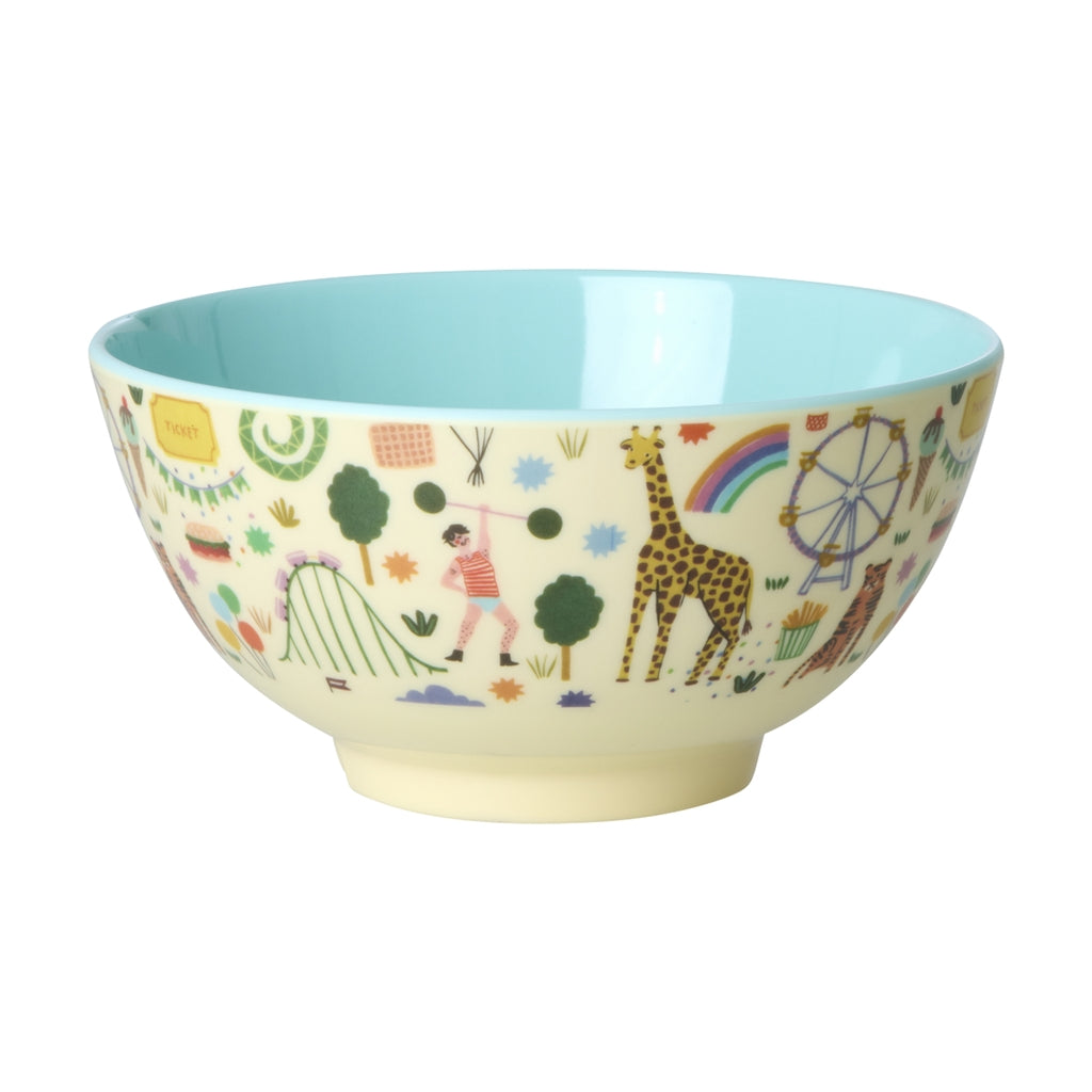 Blauw kommetje voor kinderen met circus figuurtjes erop