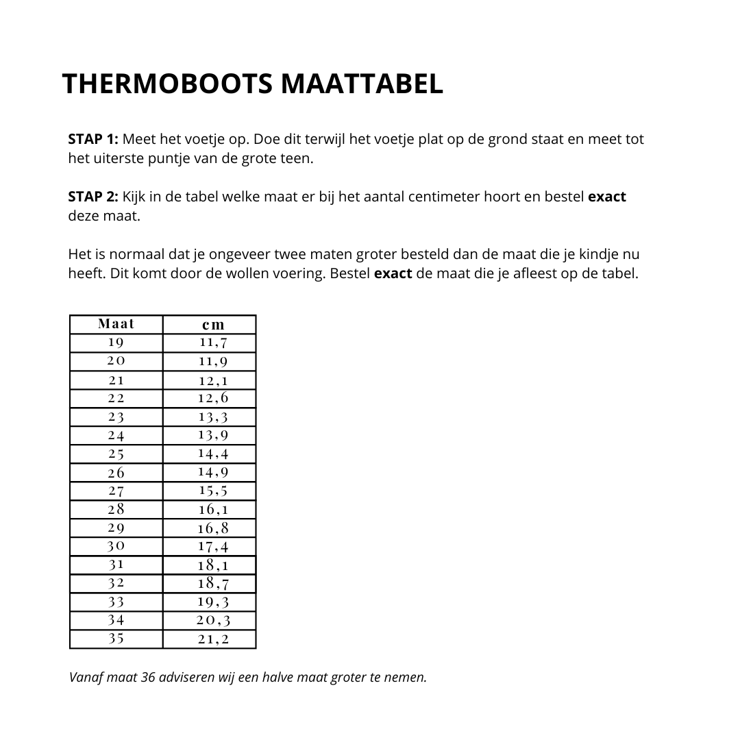 Maattabel thermoboots.