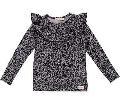 Lange mouwen shirt in Leopard Grey voor kinderen met kraag aan de bovenzijde van Mar Mar Copenhagen.