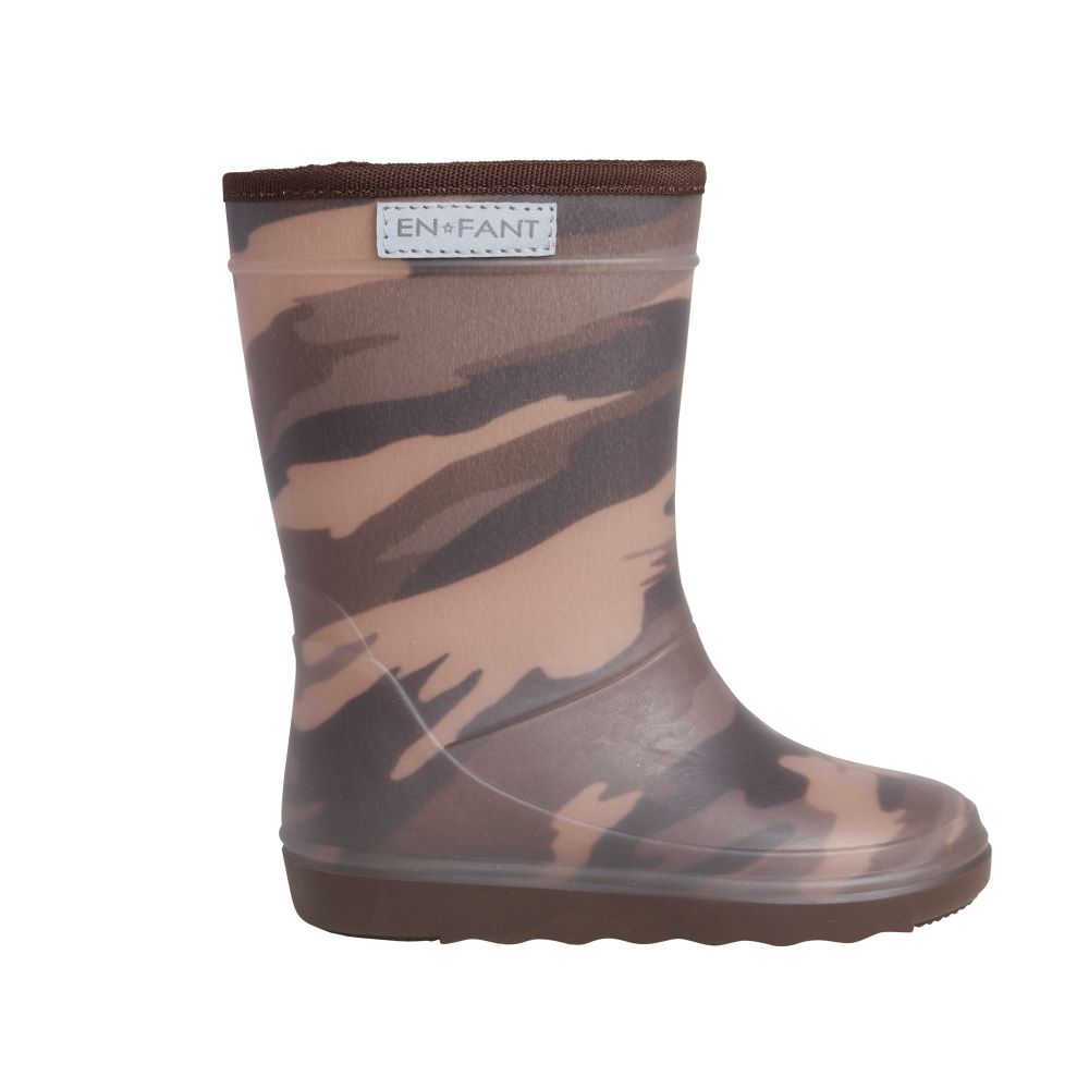 De thermoboots zijn gevoerd met wol aan de binnenzijde. De regenlaarzen zijn van ENFANT en donkerbruin leger van kleur.