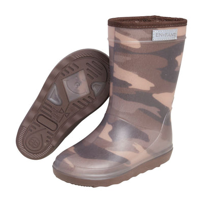 De thermoboots zijn gevoerd met wol aan de binnenzijde. De regenlaarzen zijn van ENFANT en donkerbruin leger van kleur.