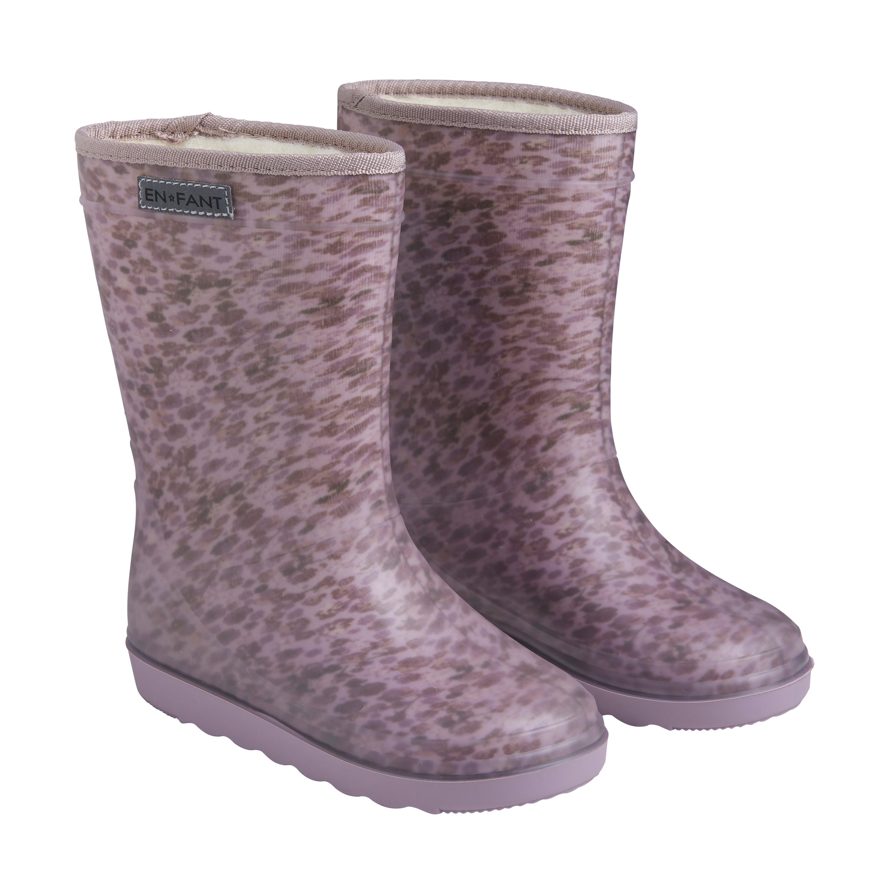De thermoboots zijn gevoerd met wol aan de binnenzijde. De regenlaarzen zijn van ENFANT en hebben een paars patroon.
