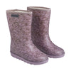 De thermoboots zijn gevoerd met wol aan de binnenzijde. De regenlaarzen zijn van ENFANT en hebben een paars patroon.