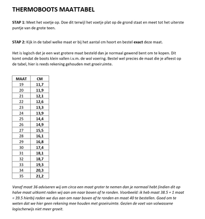 Maattabel thermoboots.